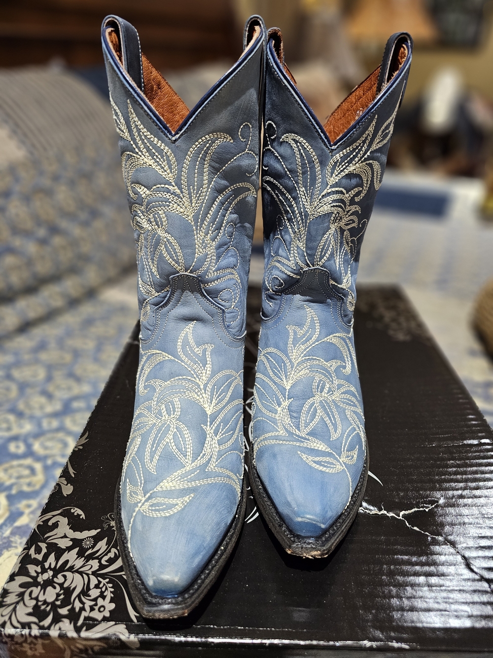 Dan Post Women's 'Nora' Blue With White Leaf Embroidery Western Boots, NIB